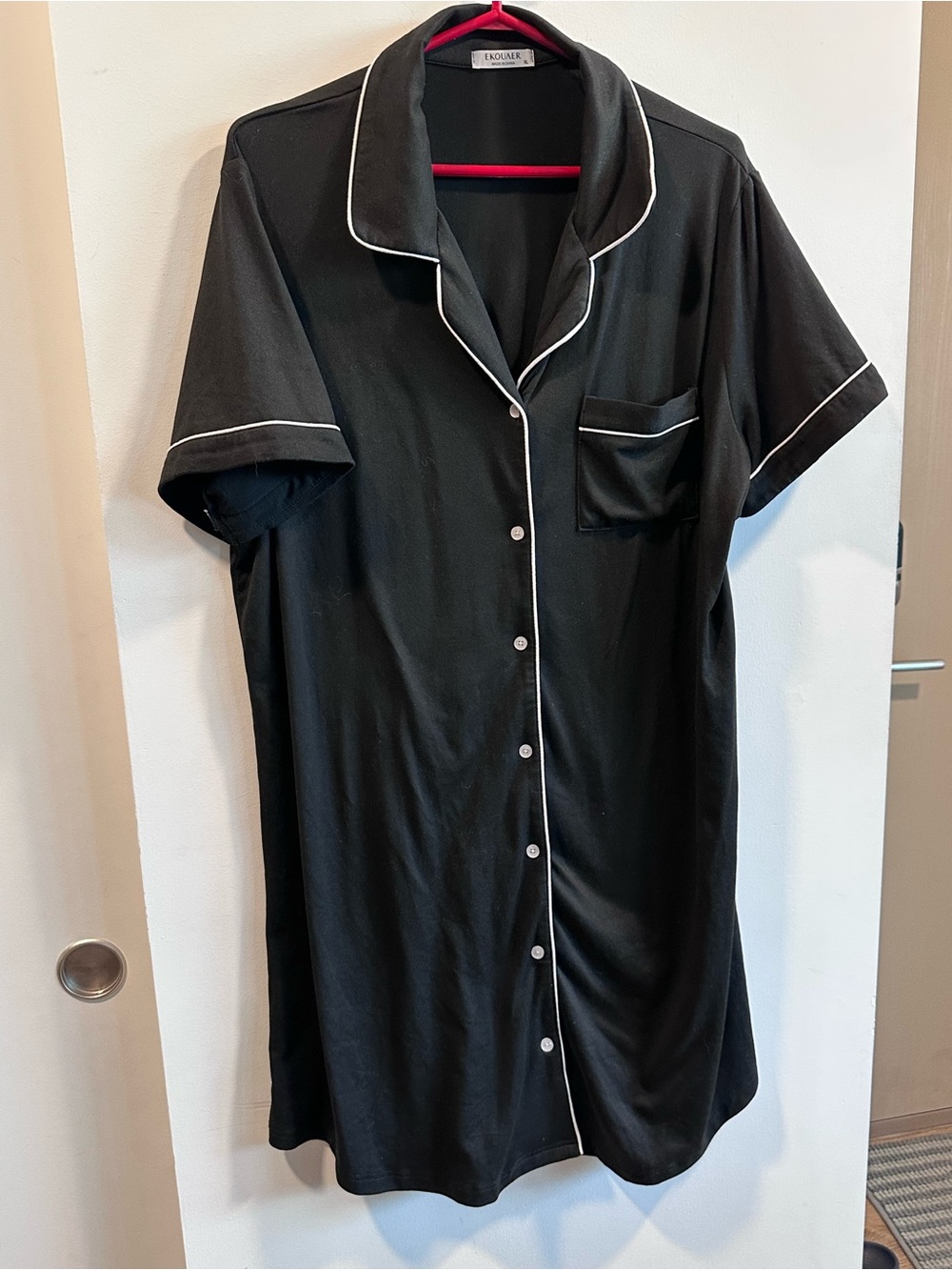 Eloquii Black Short-Sleeve Button-Front Nightshirt with White Piping